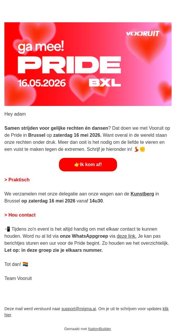 Pride Brussel 2026 🏳️‍🌈 email from Vooruit screenshot