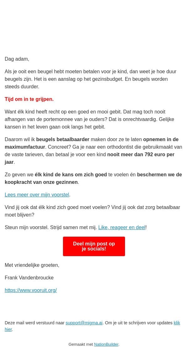 Een stralende glimlach mag géén luxeproduct zijn email from Vooruit screenshot