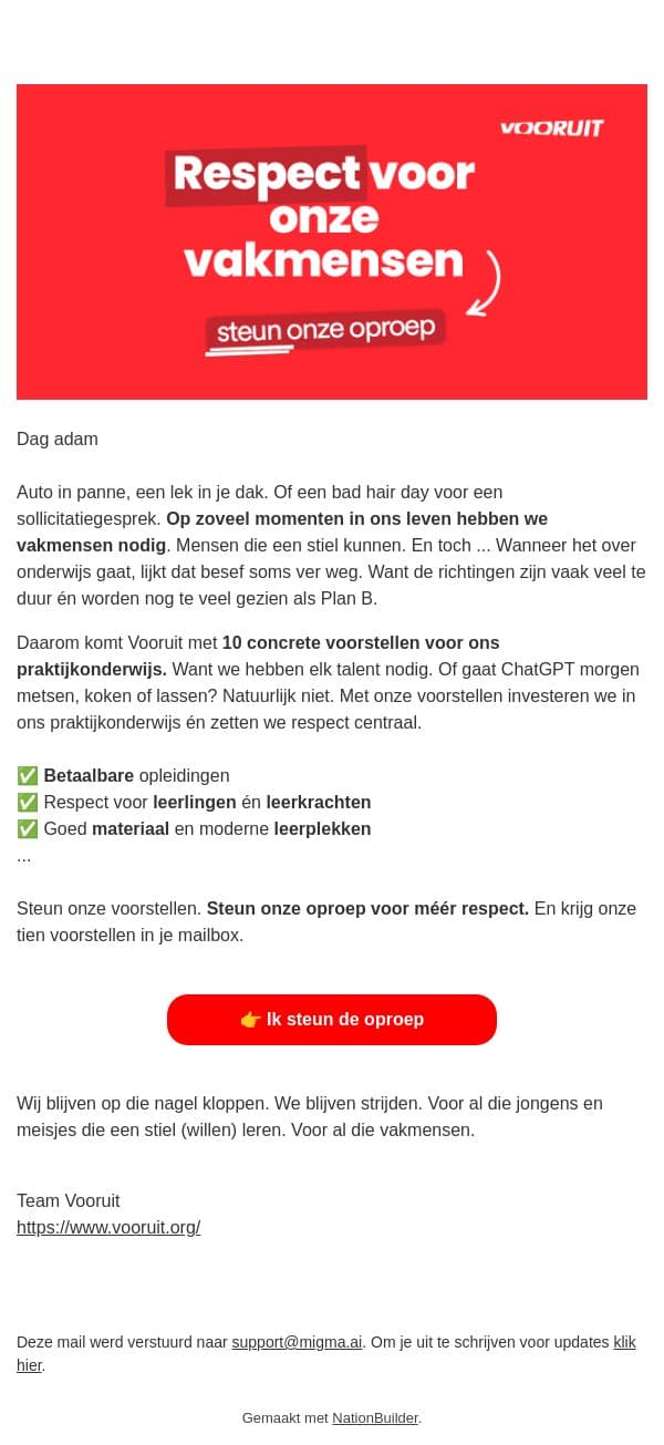 Respect voor onze vakmensen email from Vooruit screenshot