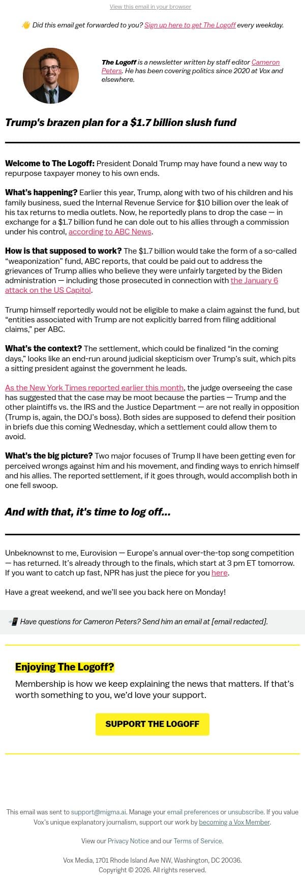 Trump's brazen plan for a $1.7 billion slush fund email from Vox screenshot