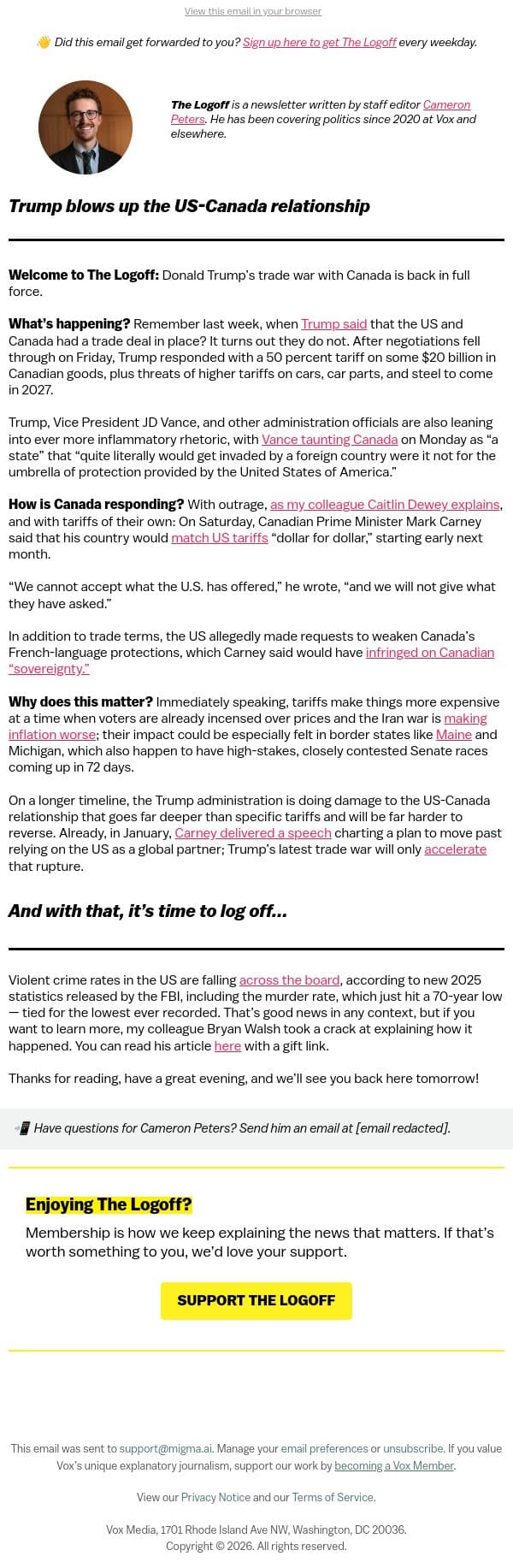 Trump blows up the US-Canada relationship email from Vox screenshot