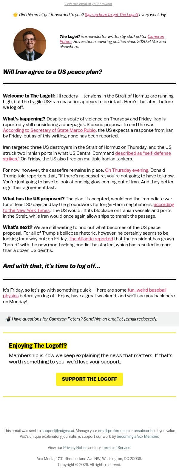 Will Iran agree to a US peace plan? email from Vox screenshot