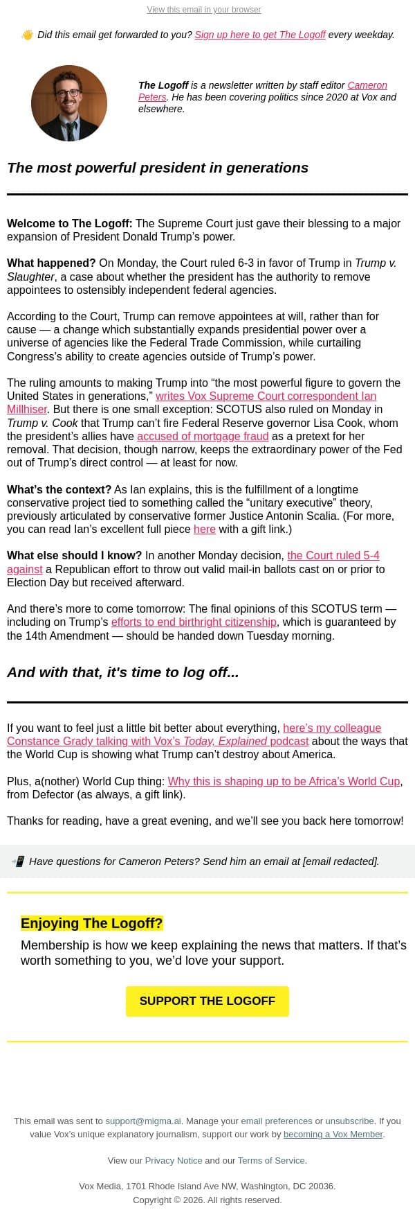 The most powerful president in generations email from Vox screenshot