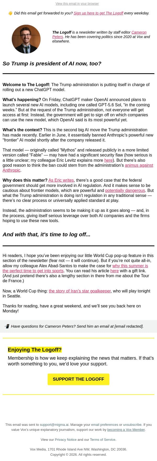 So Trump is president of AI now, too? email from Vox screenshot