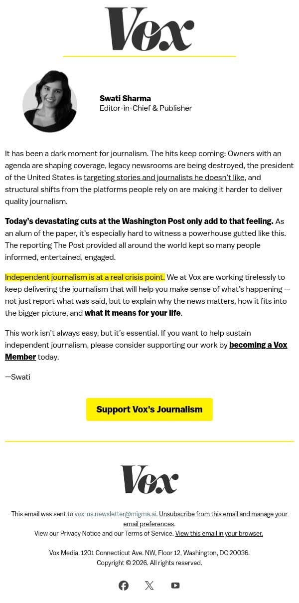 We need independent journalism right now email from Vox screenshot