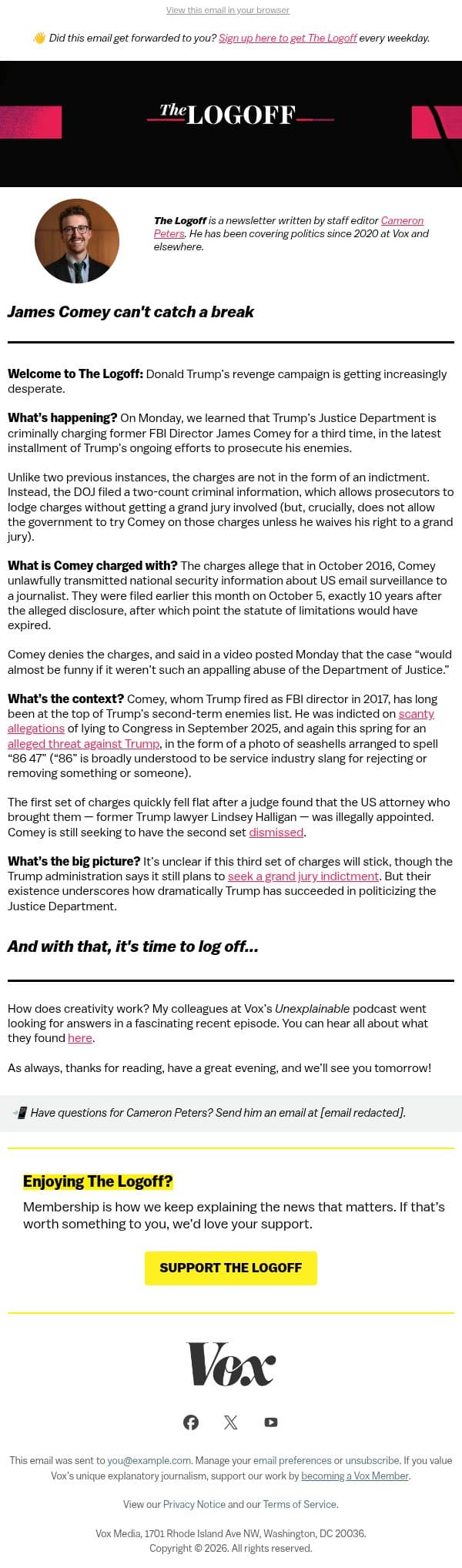 James Comey can't catch a break email from Vox screenshot