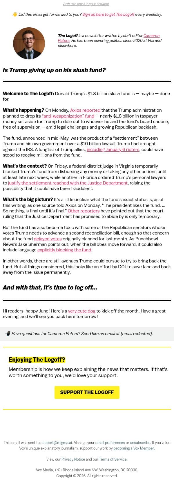 Is Trump giving up on his slush fund? email from Vox screenshot