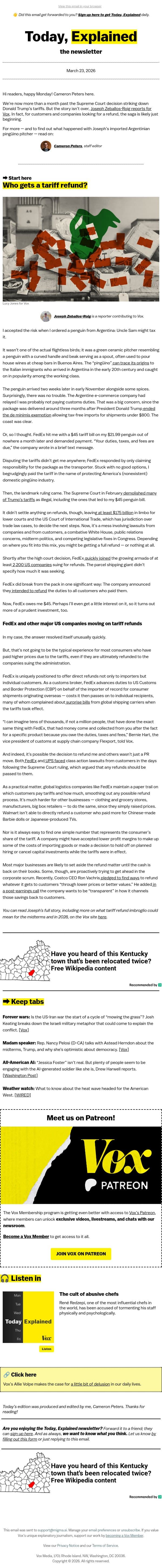 Who gets a tariff refund? email from Vox screenshot