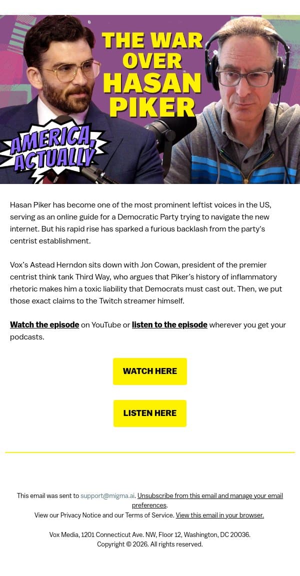 Hasan Piker vs. The Establishment email from Vox screenshot