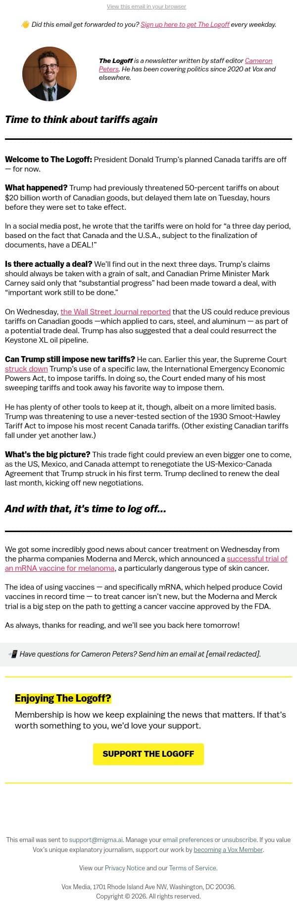 Time to think about tariffs again email from Vox screenshot