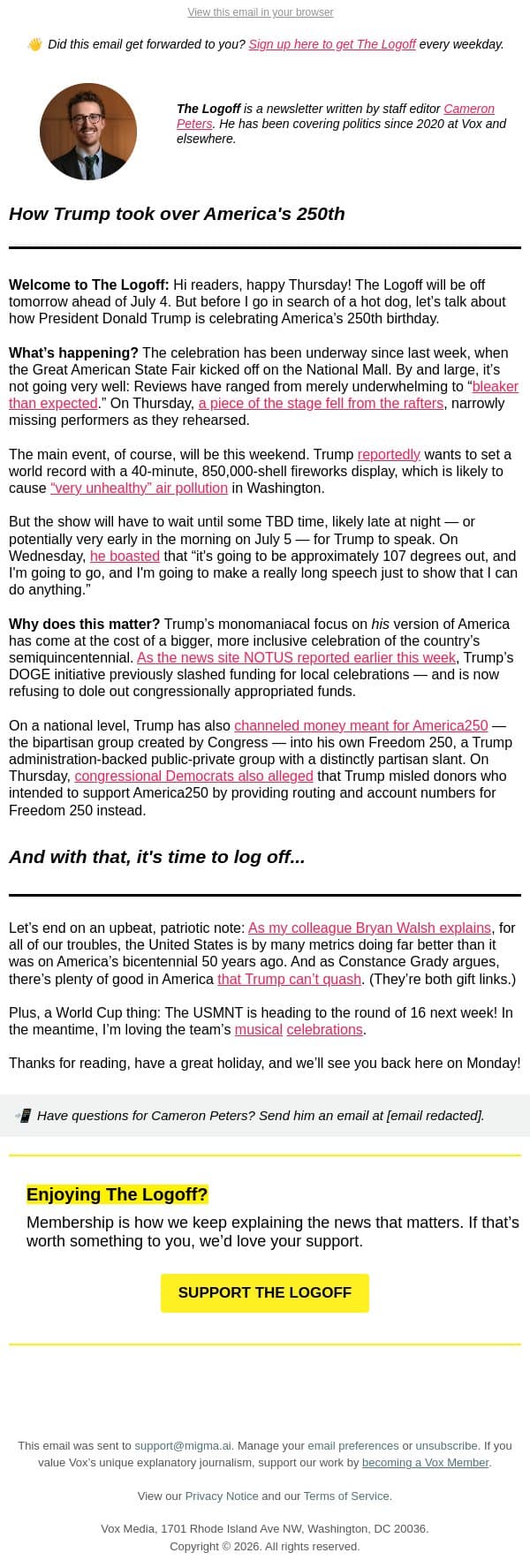 A very Trumpy July 4 email from Vox screenshot