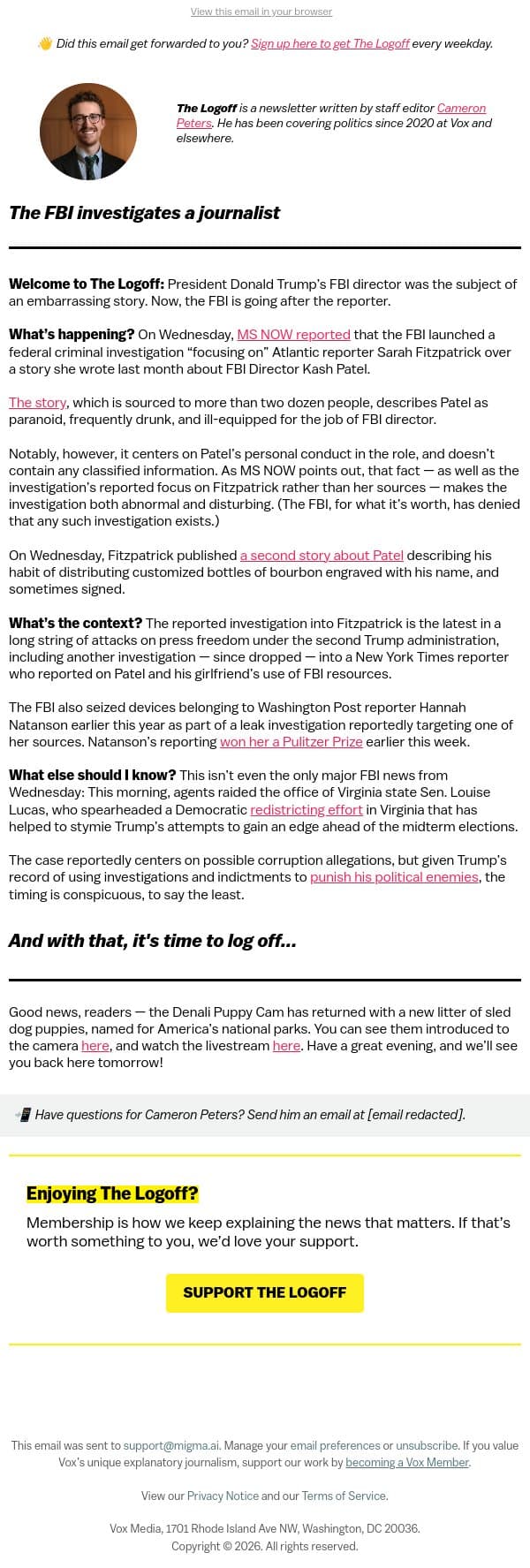 The FBI investigates a journalist email from Vox screenshot