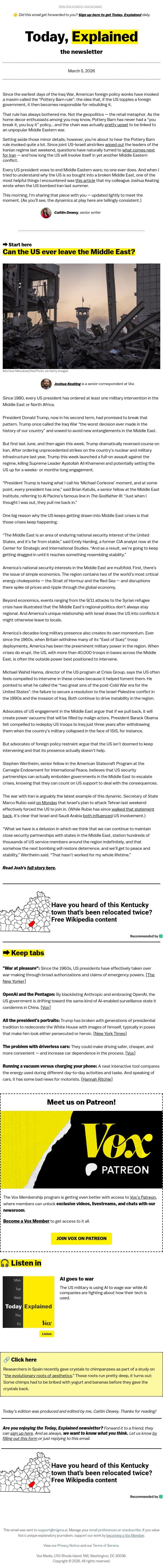 Why the US can’t quit Middle East wars email from Vox screenshot