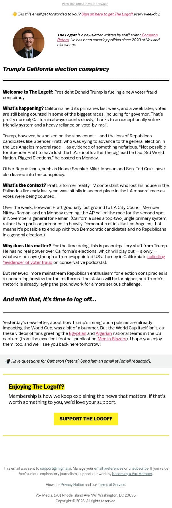 Trump's California election conspiracy email from Vox screenshot