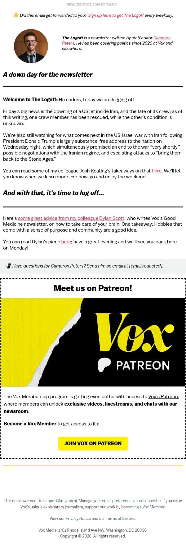 Log off with a healthier brain email from Vox screenshot