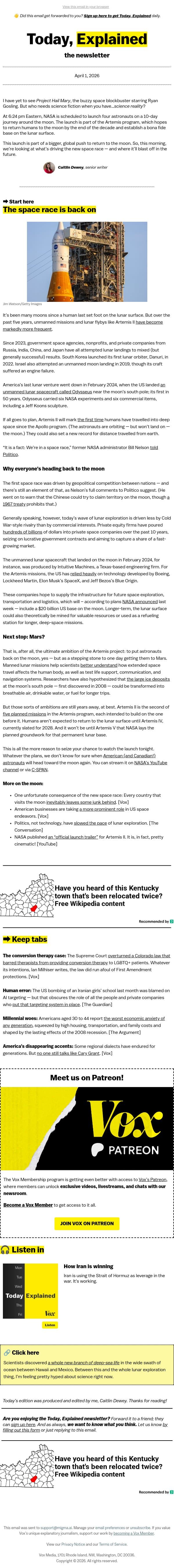 America is going back to the moon email from Vox screenshot