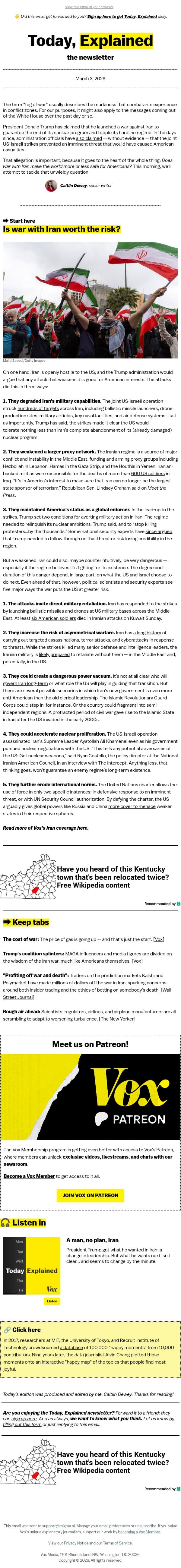 The case for — and against — striking Iran email from Vox screenshot