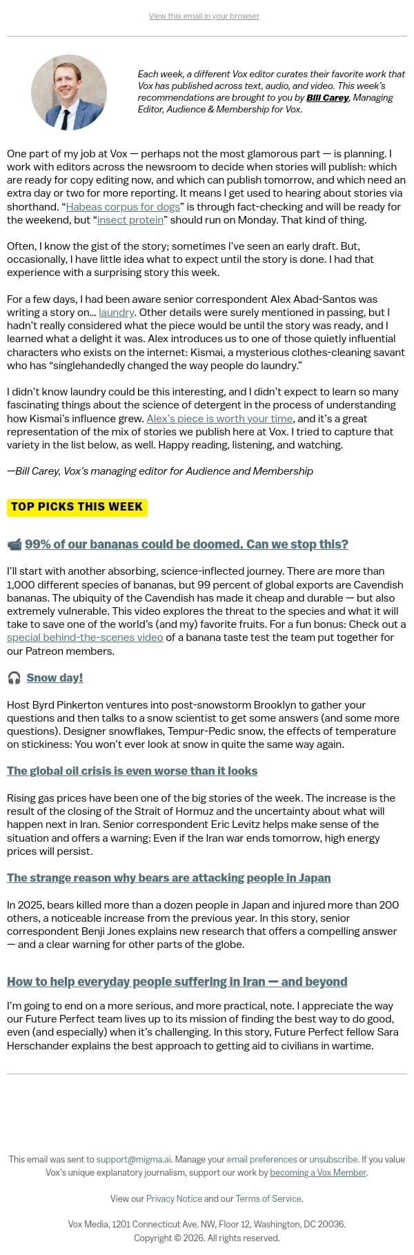 99% of the world's bananas could be doomed email from Vox screenshot