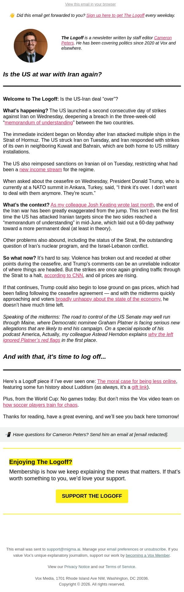 Is the US at war with Iran again? email from Vox screenshot