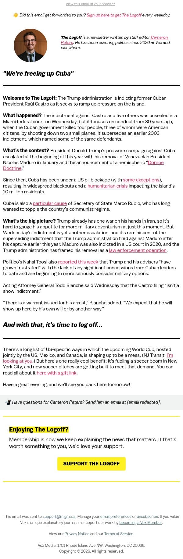 "We’re freeing up Cuba" email from Vox screenshot