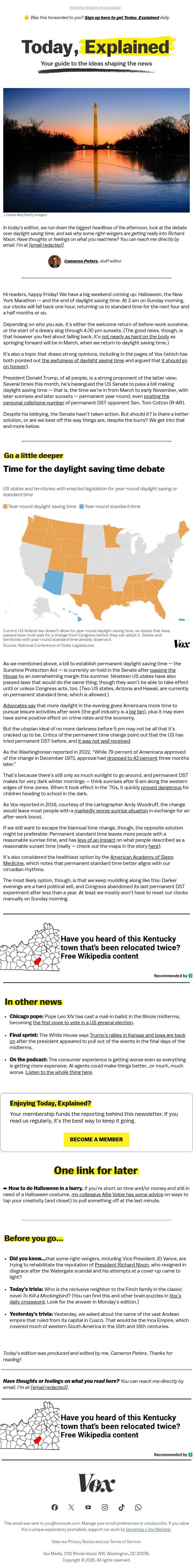 Is this our last time setting our clocks back? email from Vox screenshot