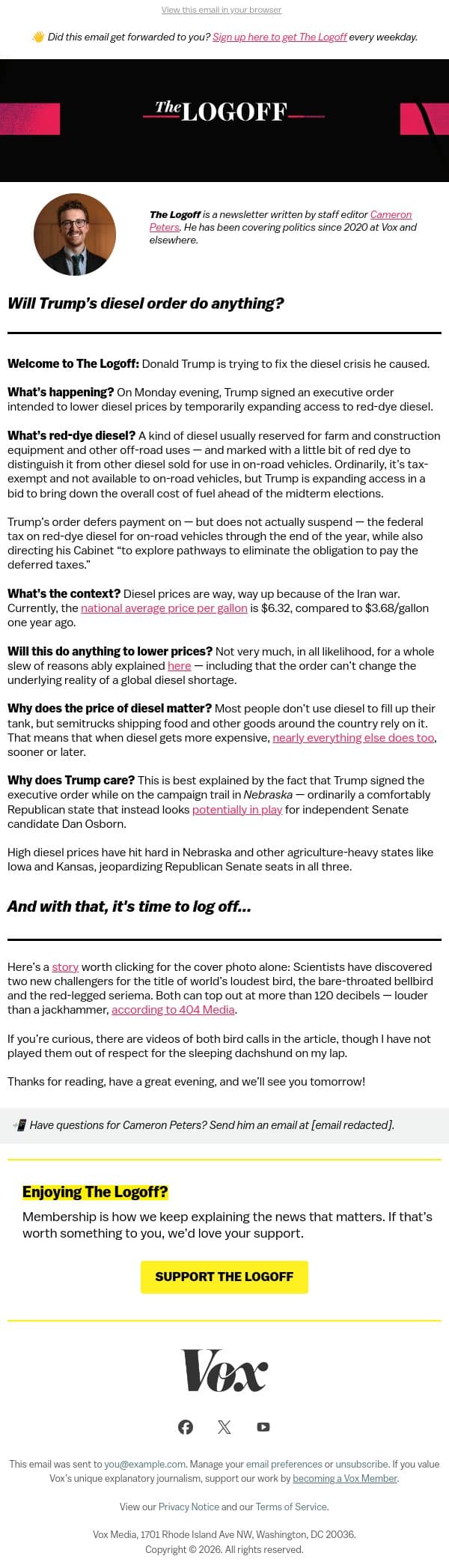 Will Trump’s diesel order do anything? email from Vox screenshot