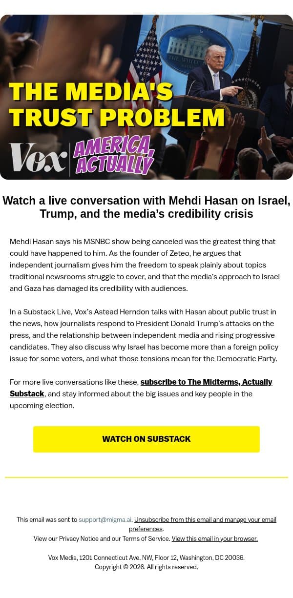 Talking media credibility with Mehdi Hasan email from Vox screenshot