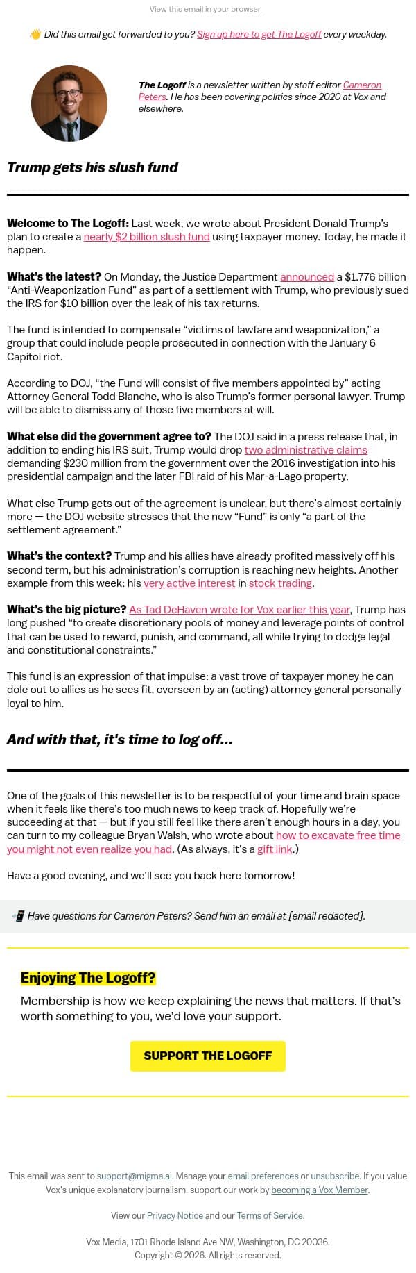 Trump gets his slush fund email from Vox screenshot