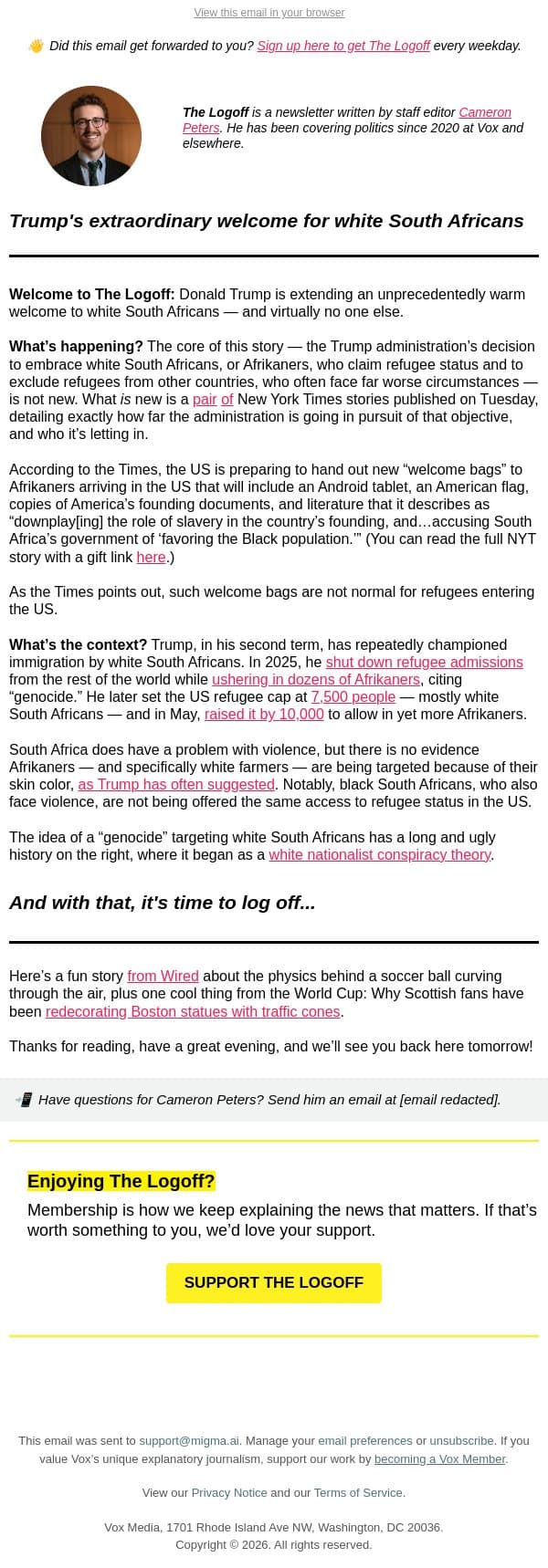 Trump's extraordinary welcome for white South Africans email from Vox screenshot
