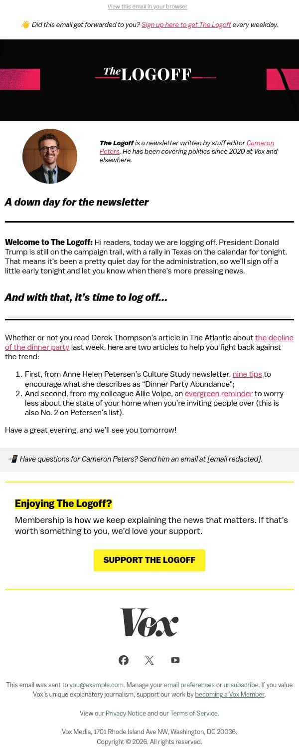 Log off with some dinner party advice email from Vox screenshot