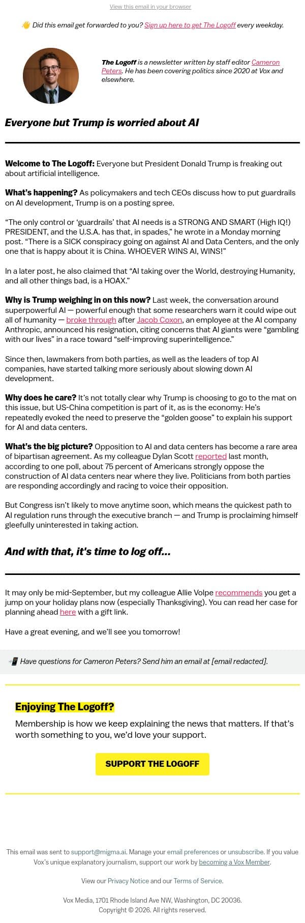 Everyone but Trump is worried about AI email from Vox screenshot