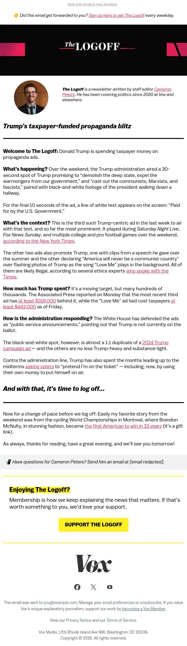 Trump's taxpayer-funded propaganda blitz email from Vox screenshot