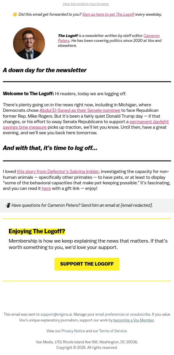 Log off with a story about curious primates email from Vox screenshot