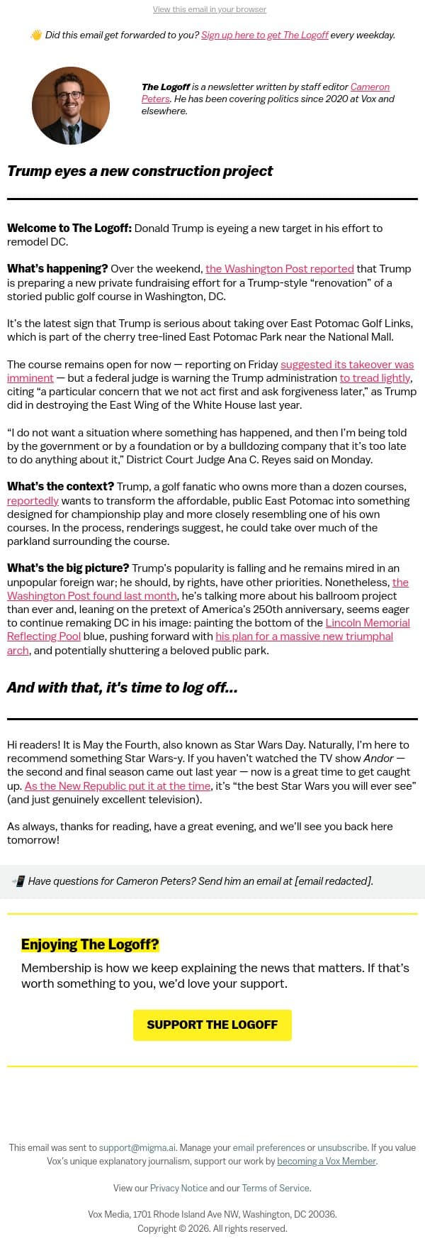 Trump eyes a new construction project email from Vox screenshot