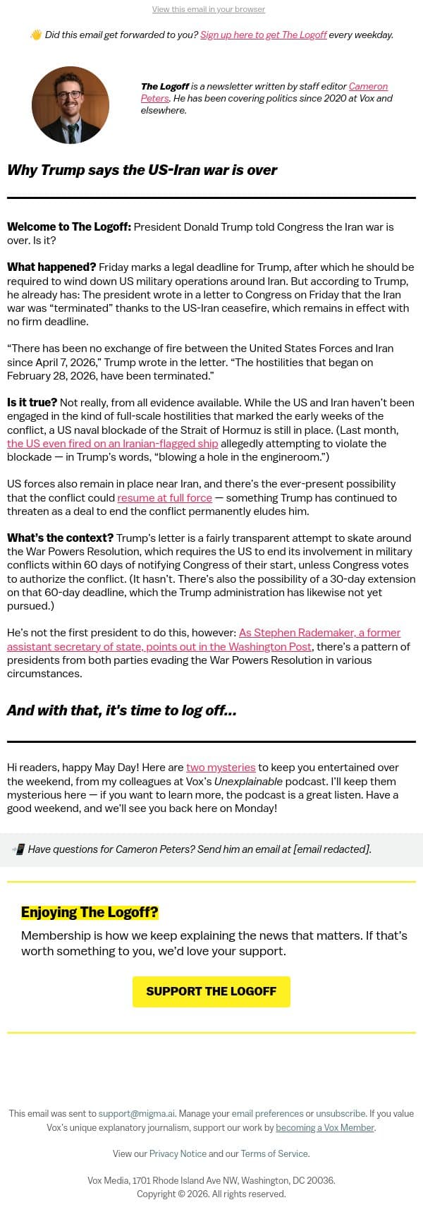 Why Trump says the US-Iran war is over email from Vox screenshot