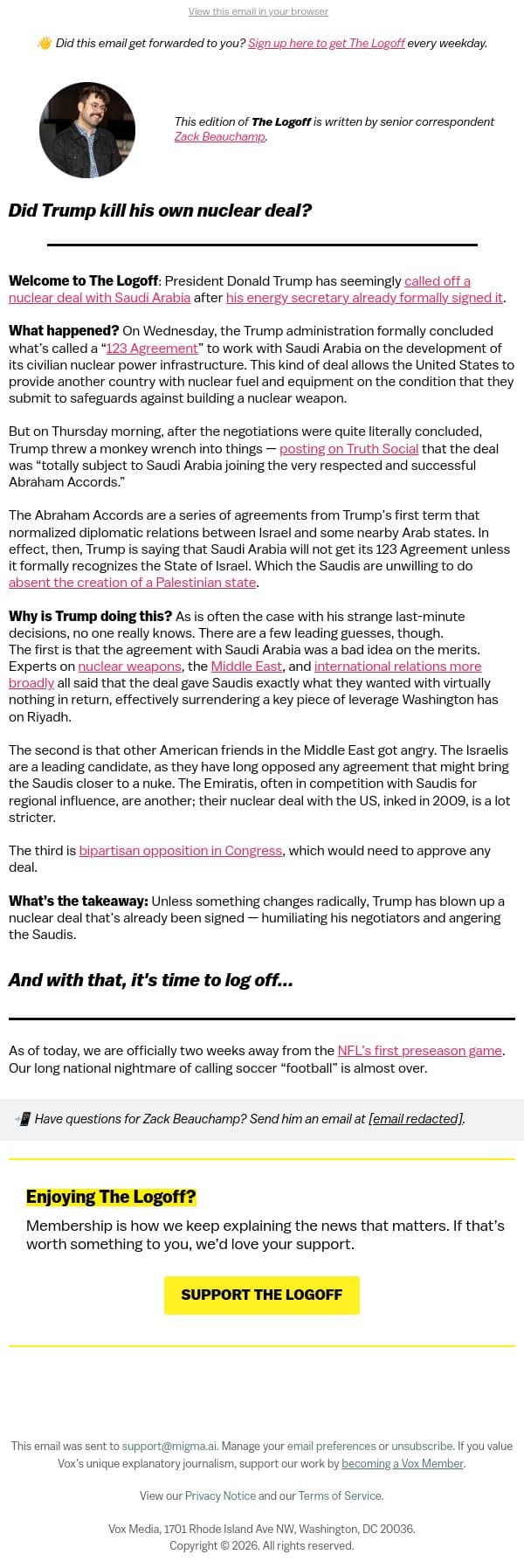 Did Trump just kill his own nuclear deal? email from Vox screenshot