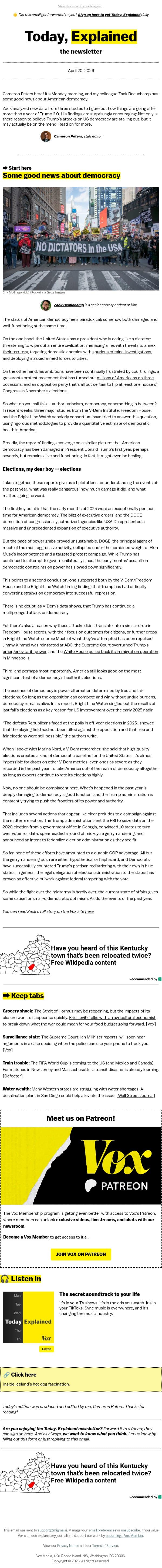 Some good news about democracy email from Vox screenshot