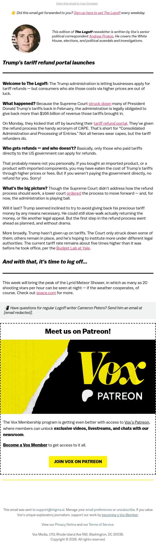 Who gets tariff refunds — and who doesn’t email from Vox screenshot