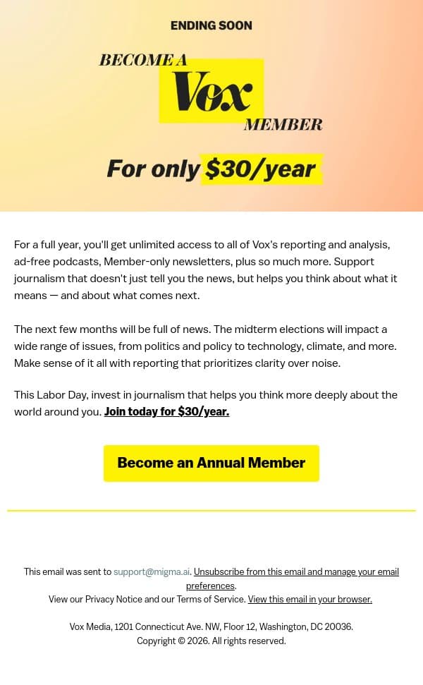 Your Labor Day deal ends today email from Vox screenshot