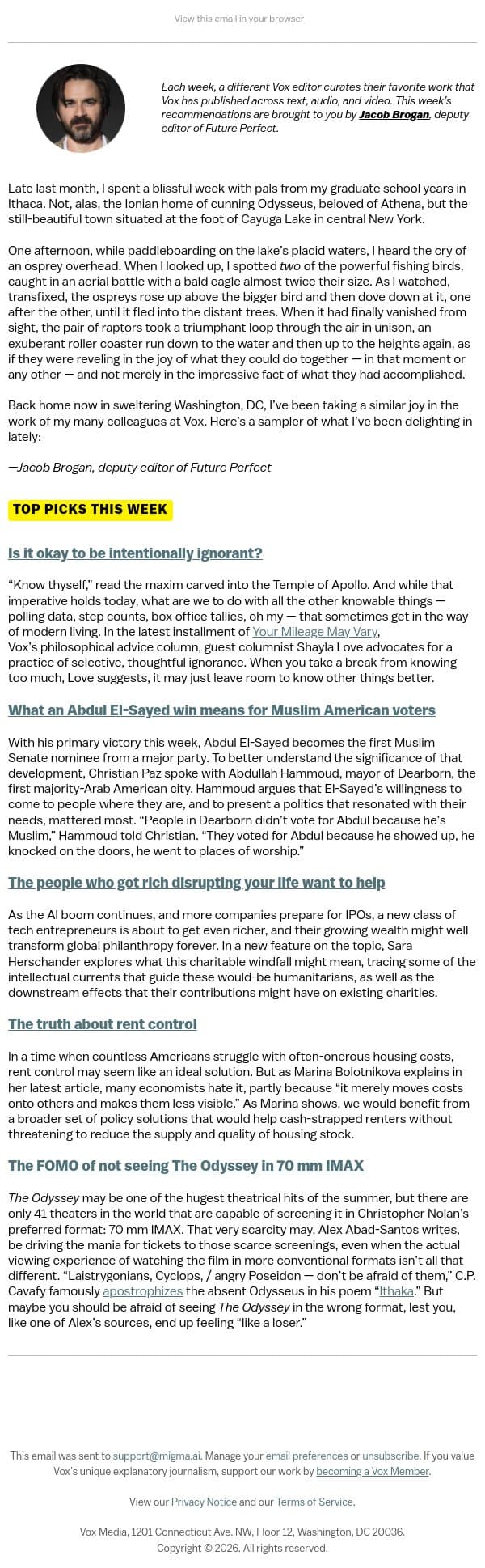 The Odyssey for clout chasers email from Vox screenshot