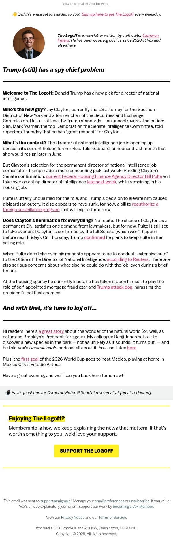 Trump (still) has a spy chief problem email from Vox screenshot