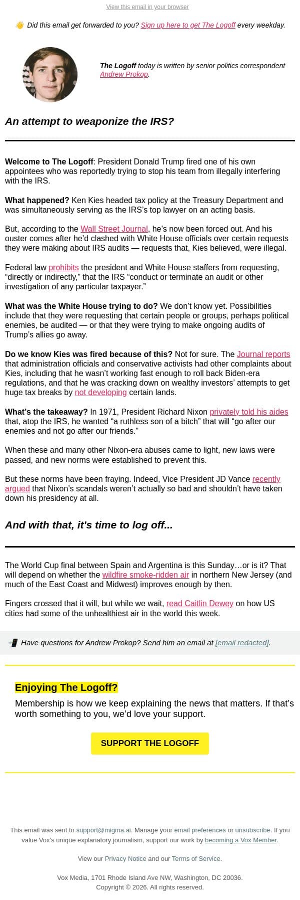 Did Trump fire someone trying to stop IRS abuses? email from Vox screenshot