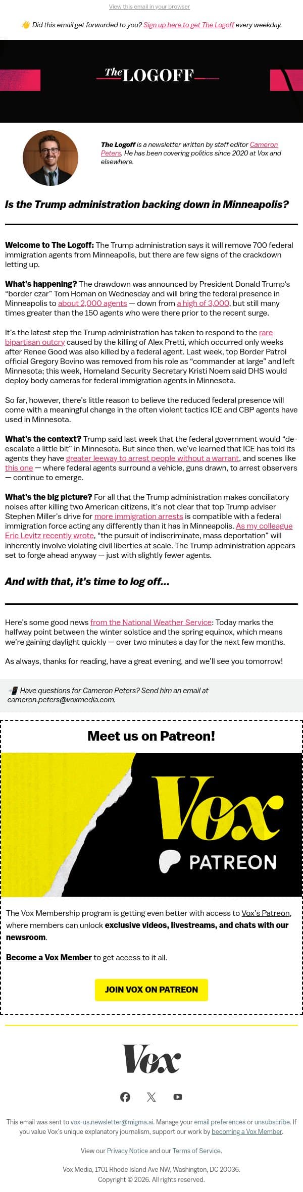 Is the Trump administration backing down in Minneapolis? email from Vox screenshot