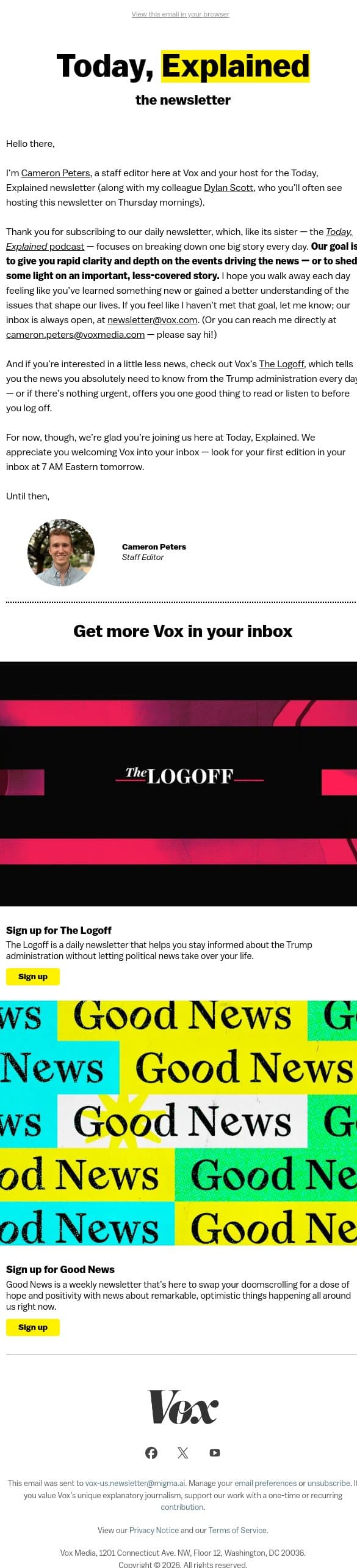 Welcome to the Today, Explained newsletter! email from Vox screenshot