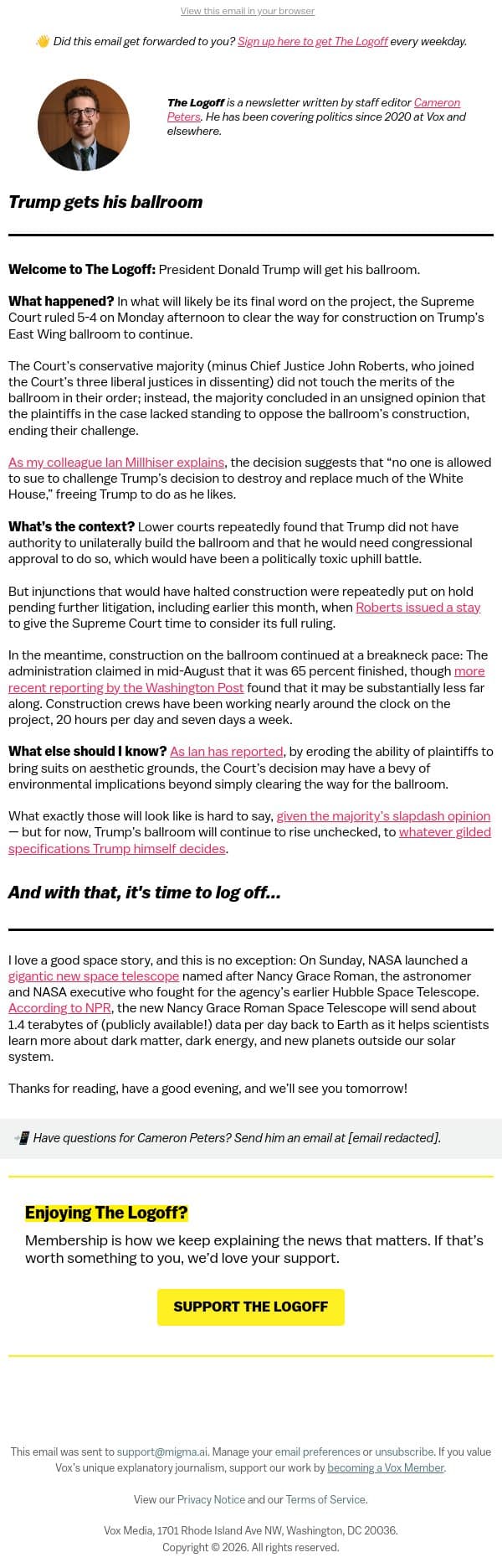 Trump gets his ballroom email from Vox screenshot
