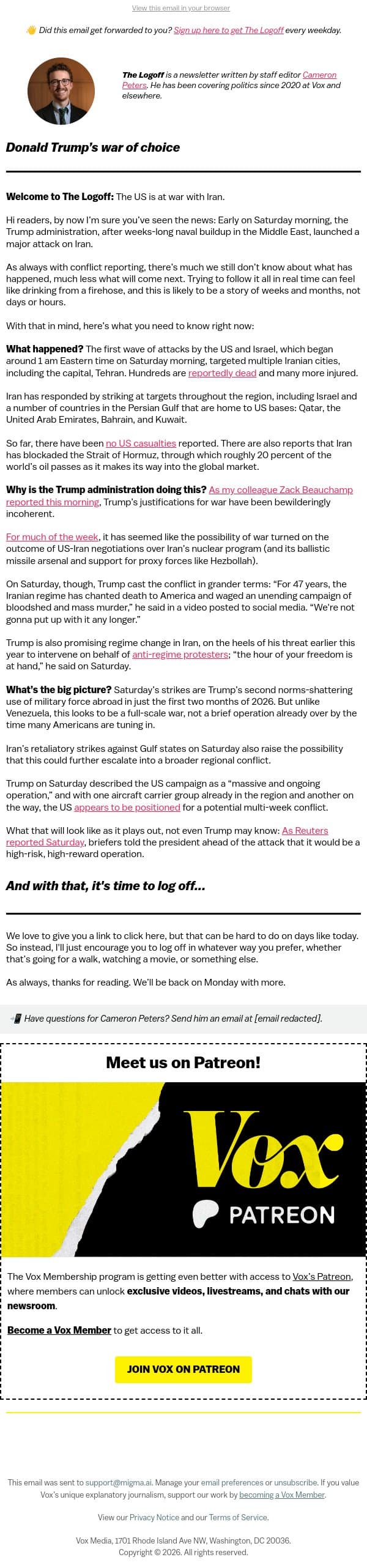 Donald Trump’s war of choice email from Vox screenshot