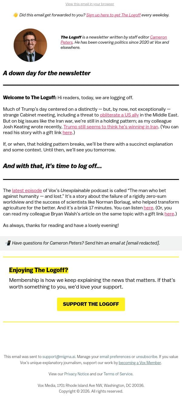 Log off with a story about human ingenuity email from Vox screenshot