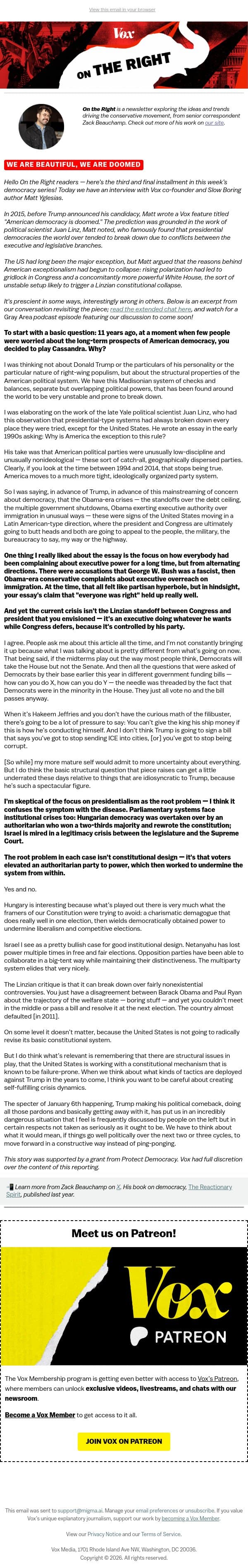 Is American democracy still doomed? email from Vox screenshot