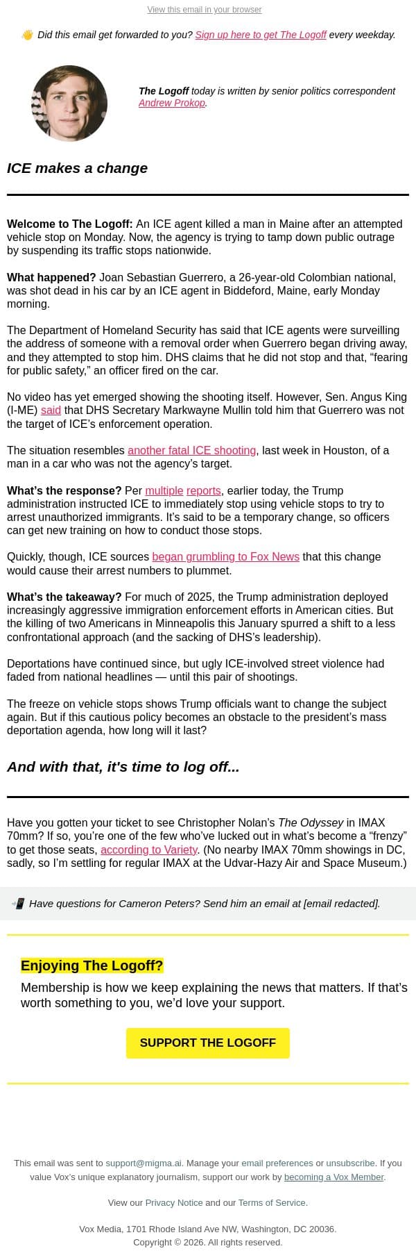 ICE pauses traffic stops, for now email from Vox screenshot