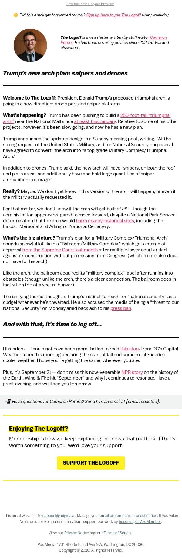 Trump's new arch plan: snipers and drones email from Vox screenshot